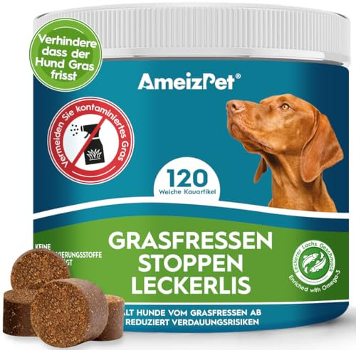 AmeizPet Kein Grasfressen Für Hunde Gegen Gras Fressen Hund, Verdauungsenzyme Bei Fressen Von Gras Für Eine Ausgeglichene Magen Und Darm Funktion, 120 Hunde Leckerlis, 270g (9.5 Oz)