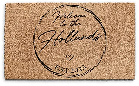 Personalised Doormat (45cm x 75cm) Small, Customise with Name, Initial, Text, Coconut Core Fibre Heavy Duty Mat, Rug, Circle Border Family Name Established Year Heart Indoor Natural Coir Wide Door Mat