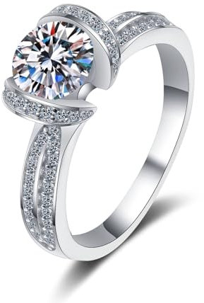 18K Weißgold Ringe Elegant, Ehering Trauring Echt Gold 750 Damen Lab Diamant 1ct Hochzeit Verlobungsring, D, VVS1-VVS2, Gr. 47 (15.0)