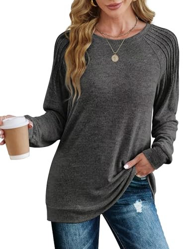 XIEERDUO Pullover Damen Sweatshirt Langarmshirt Herbst Winter Strickpullover Tunika Tshirt Elegant Oberteile Top Dunkelgrau M