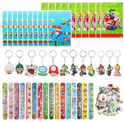 VIDSTW 98 Pezzi Kit Compleanno Tema dei Cartoni Animati, Includere 12 Portachiavi Bambini 50 Stickers Bambini 16 Braccialetto dei Cartoni Animati 20 Sacchetti Regalo, Pieno di Infantilismo