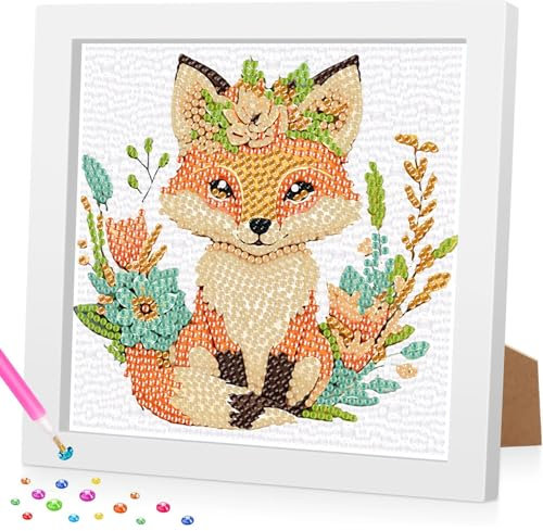 Diamond Painting Kinder mit Rahmen, 5D Fuchs Diamant Painting Bilder Kinder, DlY Cartoon Diamond Painting Set, Geeignet für dieMobeldekoration 18x18cm