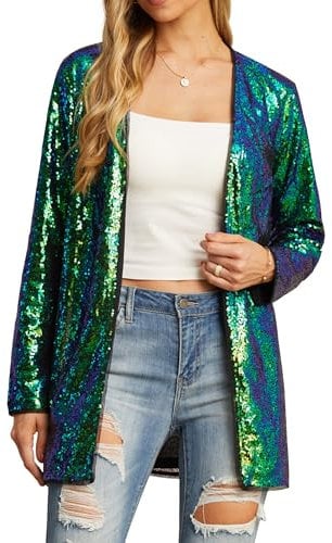 QIXING Women's Cardigans Sequin Sparkle Lightweight Long Sleeve Cardigan Casual Party Clubwear Cover Up Glitter Sequin Jacket(Mermaid, XXL)