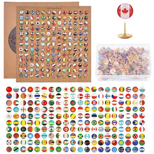 LEKEFETO Lot de 291 Punaises Drapeau National : Décoratives Pays Carte Avec Plaques de Liège Métalliques, Pins Créatifs Pour Tableau de Bord DIY