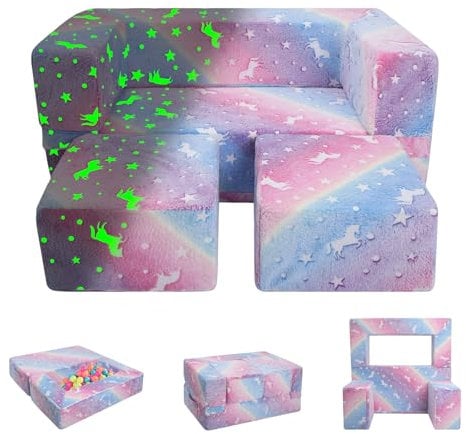 Unicorn Kids Sofa Bed,Glow in The Dark Kids Couch Fold Out,Soft Modular Sofa for Children Girls,Convertible Play Sofa for Bedroom Nursery Playroom