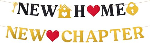 New Home Banner, Schwarz und Gold Glitzer Banner Neues Zuhause Neues Kapitel Hintergrundschild Voraufgezogen Einweihungsparty-Dekorationen für Neues Haus Familienfeier Dekor Zubehör