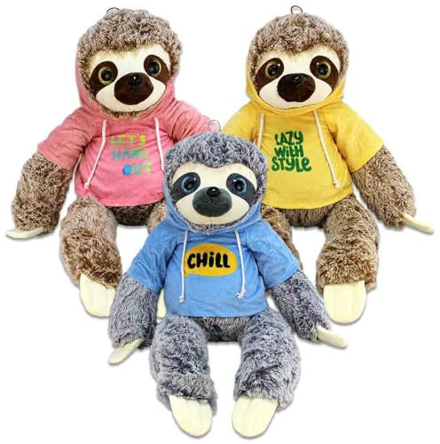 BEMIRO Faultier Kuscheltier XXL – 80 cm, Füllung aus 100% recyceltem Material, mit Hoodie, glitzernde Augen, kuschelig weich (Set)