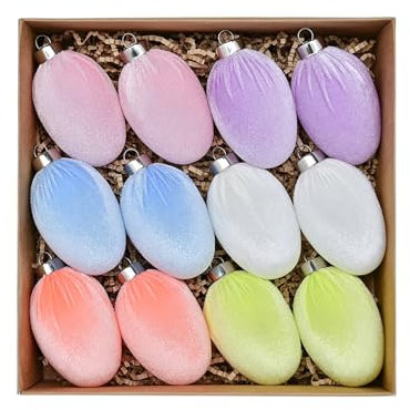 Mokylor 12 Stück Samt-Ostereier aus Kunststoff, Hängende Beflockte Ostereier, Ornamente, Bunte Osterbaum-Eier-Anhänger für Osterbaum-Dekoration, Partygeschenke, Korbzubehör,