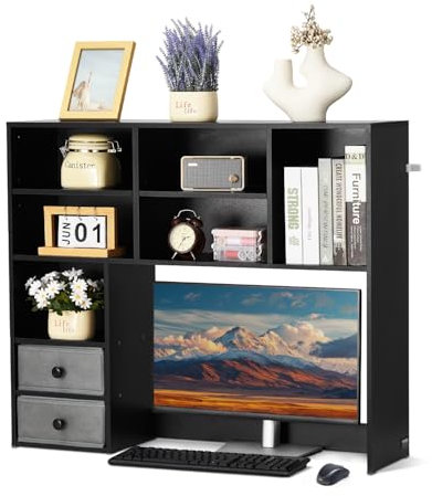 VEVOR Desktop Bookshelf, 3-Tier Desktop Storage Organizer, 37 x 10 x 31.1 Office Storage Rack Wood Display Shelf, Desktop Bookshelf Hutch with Two Fabric Drawers, for Office, Home & Dorm, Black