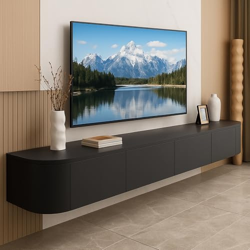 YINXSLO Floating tv unit Multifunctional Tv cabinet Wooden floating tv shelf for living room Wall Mounted Tv unit with storage for living room and bedroom (Black, 180cm/71in)