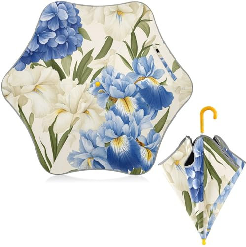 ODAWA Blue Hydrangea Kids Umbrella with White Iris and J Handle, blue hydrangea white iris flowers, one size