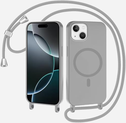 xinyunew Handykette Hülle für iPhone 13 Mini (5.4) mit Band Halsband Lanyard (abnehmbar) Handyhülle, Verstellbarer Lanyard.Magnetisch Stoßfest Silikonhülle Wireless Charging kompatibel -Grau