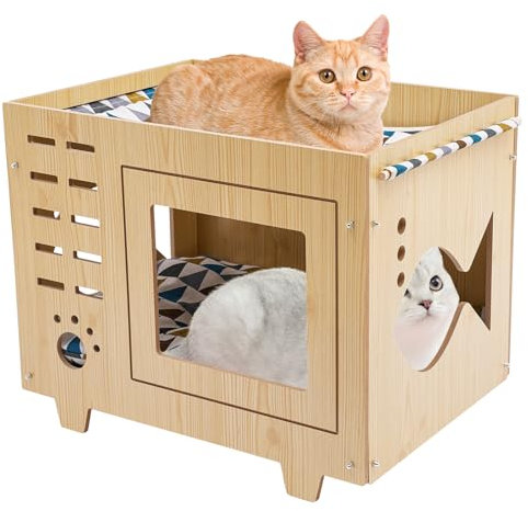 Katzenhaus aus Holz, Katzenbett Haustierhaus mit 2 Abnehmbaren Kissen, Indoor Katzenhöhle, 55 x 40 x 44cm