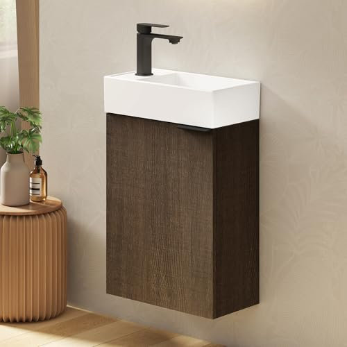 EMKE Waschtisch mit Unterschrank 41 cm, Badmöbel-Set mit Keramikwaschbecken – ideal für Gäste-WC & kleines Bad, Waschbecken mit Unterschrank, Geräucherte Eiche