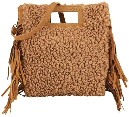 Damen Handtasche aus Teddy Plüsch und echt Wildleder, mit Fransen und Schulterriemen aus echtleder, Boho Style, umhängetasche 24x25cm Bea G488 (Cognac)