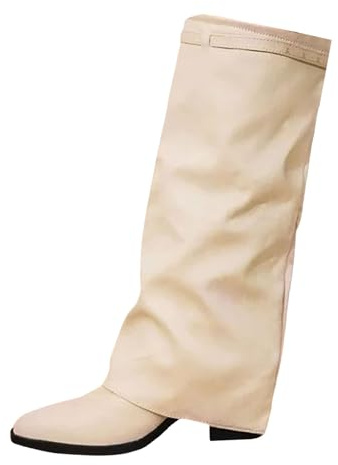 Generico stivaletti texani donna Stivali Donna con Tacco Invernali Autunnali Texani Cowboy Stivaletti Alti Stivali al Ginocchio Gamba Larga in Pelle scarpe bassi Beige 41