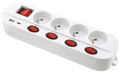 Gefom Bloc multiprise - Blanc - 4 Prises 16A+T - 5 interrupteurs - Chargeur USB C et A - Multiple Charge Rapide - Câble 1,5 mètres