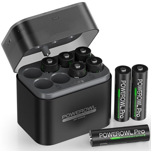 POWEROWL Rechargeable Lithium AA Batteries 8 Pack with Charger, 1.5V Stable Output 3600mWh Battery with Lithium/NiMH Charger Storage Box for Camera/Game Controller