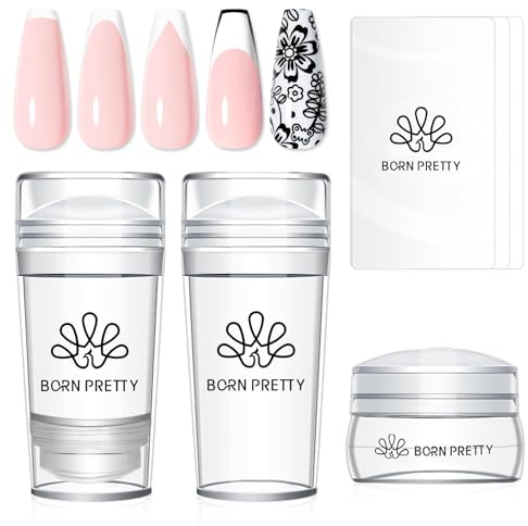 Born Pretty Nagelstempel French Tip - 6 Stück Kunststempel-Set mit Schabern Silikon-Stempel-Set mit Langen und Kurzen Jelly-Stempeln für French Manicure DIY-Kunstsalon