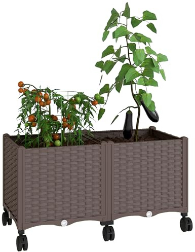 Outsunny Jardinera Elevada con 6 Ruedas, Jardinera Exterior Móvil de Plástico con Riego Automático y Drenaje, Macetero Exterior para Cultivos, Plantas, Jardín, Terraza, 80x40x43 cm, Marrón