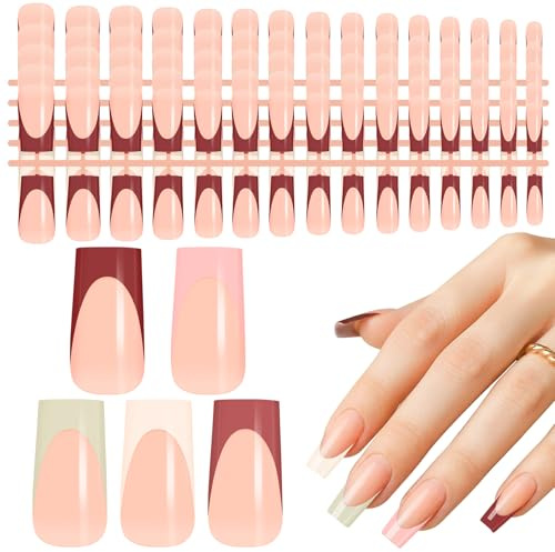 Kiiwah 150 Pieces French Tips False Nails, Square Press On Nails Short 5 Colors Fake Nails Full Cover Nail Tips for Gel Nail Extension Women DIY, 15 Sizes (Long)
