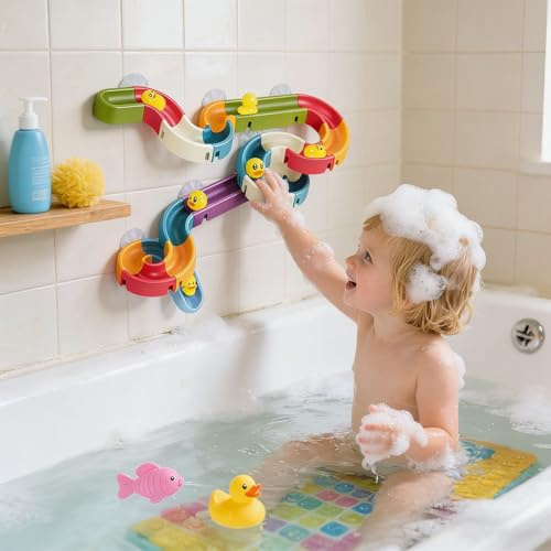 LIULINY 34 Stück Badespielzeug, Badewannenspielzeug ab 2 3 4 5 6 Jahre, Badewannen Kugelbahn, DIY Wasserrutsche Badeschiene Spielzeug mit Saugnäpfe, für Badespaß Geschenk Mädchen Junge ab 2