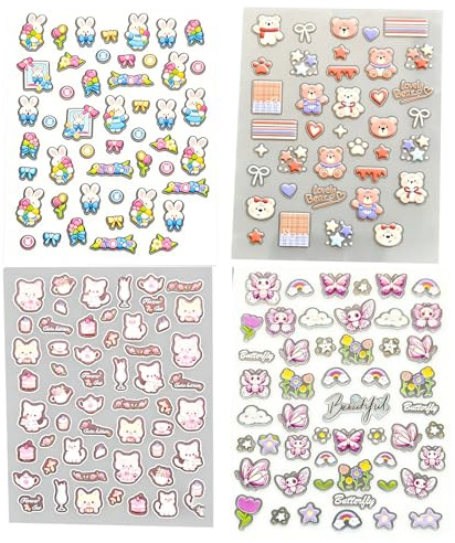 NAILGIL 5D Nagelsticker, 3D Stereo Nail Art Aufkleber, Bär Hase Katze Schmetterling, Frühling Sommer Nageldeko, Selbstklebend Einfach Anzuwenden – 4 Blätter