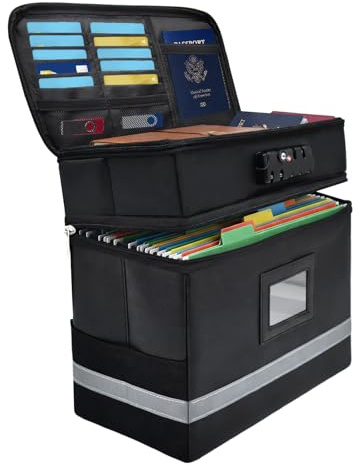 JNUYISW 2000℉ Coffre Fort Anti Feu, Portable Valise Porte Documents Etanche avec 13 Compartiments Grande Capacité Pliable Boite Rangement Document Ignifuge avec Serrure pour Documents A4, Certificat