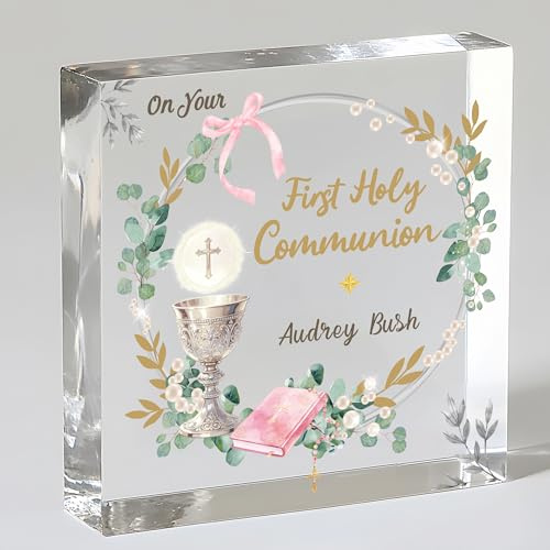 EDSG Personalised First Holy Communion Gifts for Girls Boys, Acrylic Sign Plaque with Any Name, 1st Holy Communion Decorations Christian Gifts for Daughter, Son, Goddaughter, Godson (Design 2)