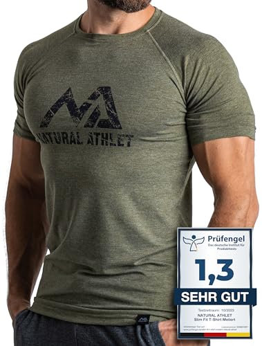 Natural Athlet Herren Fitness T-Shirt meliert - Männer Kurzarm Shirt für Gym & Training - Passform Slim-Fit, lang mit Rundhals, M, Olive