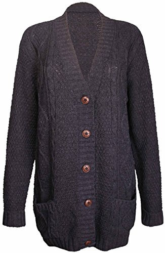 Purple Hanger New Womens Everyday Long Sleeve Button Top Ladies Chunky Aran Cable Knit Grandad Cardigan (12-14 ML, Black)