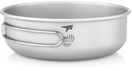 Keith Bol de cuisson simple paroi en titane avec poignée pliable Bol léger pour camping, randonnée et pique-nique (600 ML)