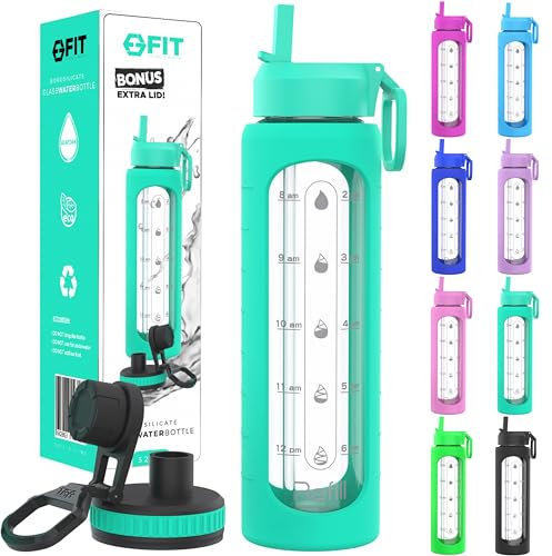 Botella de agua de cristal de 32 onzas con recordatorio de marcador de tiempo – Tapa extra, reutilizable, boca ancha, sin BPA, botellas de agua motivadoras para hidratación (funda de mar)