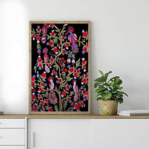 Bilder,Poster,Persischer Baum des Lebens Drucken Gesticktes Weinlese-Blumen- Und Vogel-Design-Plakat Boho-Wandkunst-Leinwand-Malerei-Bild-Dekor, Für Raum Ästhetischen Weinlese,Wanddeko_40X60Cm