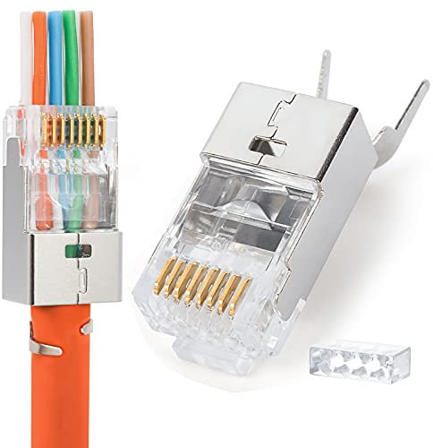 PETECHTOOL 10 Sets Netzwerkstecker RJ45 Stecker CAT7 CAT6A AWG23 S/FTP POE Ethernet LAN Pass Through Crimpstecker Netzwerk Modular Metall Geschirmt mit Einf?delhilfe und Knickschutz