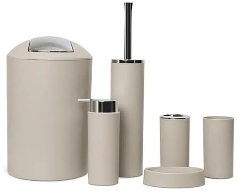 6tlg Badset Badezimmer Zubehör Set Organizer: Seifenspender, Zahnputzbecher, Kosmetikeimer, WC Bürste und Halter, Seifenschale, Mülleimer, Zahnbürstenhalter, Badgarnitur (Beige Design 2a)