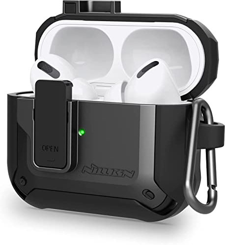 Nillkin Bounce AirPods Pro Hülle mit Karabiner, Auswurf offene Abdeckung Schutzhülle mit sicherem Schloss, Kratzresistent, Sturzschutz, Unterstützt kabelloses Laden für AirPods Pro Case (Schwarz)