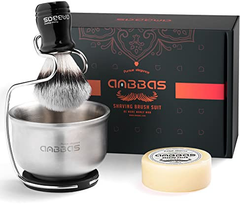 Anbbas Synthetischer Dachs Rasierpinsel Set, 4IN1 Rasierset mit Edelstahl-Rasierständer und Schäumungsschaumschale, 3.5OZ Natural Rasierseife Puck Nachfüllpackung für Männer Nassrasur