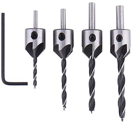 SagaSave Juego de 4 brocas avellanadas para carpintería, chaflán plateado de acero de alto carbono con llave hexagonal para escariador de carpintería de madera, herramienta de carpintería (3,4,5,6 mm)