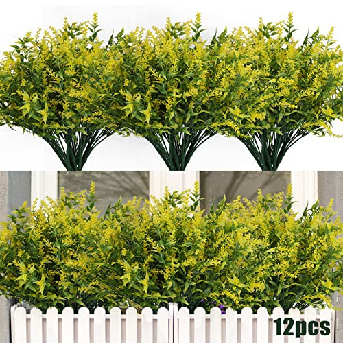 RECUTMS 12 Bundles Artificial Flowers Outdoor UV Resistant Outdoors Fake Plants Faux Plastic Flower in Bulk for Hanging Planters Outside Porch Vase Home Window Decoration,Spring Decorations (Yellow)