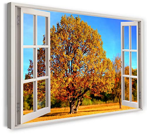 Printistico Bilder Fensterblick 120x80cm Baumwoll-Leinwand auf Keilrahmen mit Aufhänger moderner Kunstdruck XXL Wandbilder Wand-Dekoration Baum Herbst Feld Natur Sonne - Natur-Fotografie