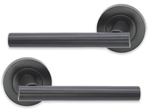 Infinity Decor Pack of Straight T-Bar Gun Metal Grey Lever Door Pull Door Handles on Sprung Rose Pair - for Interior & Exterior Doors
