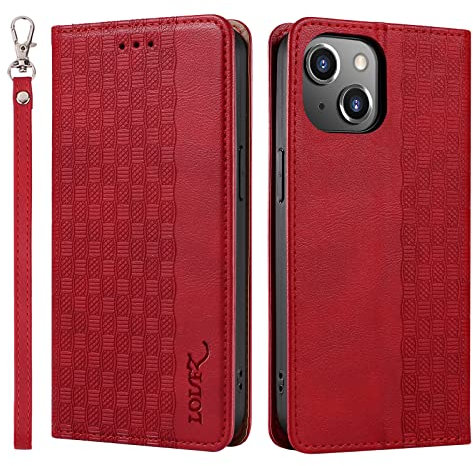 LOLFZ Case for iPhone 14, Leather Flip Wallet Case Card Slots Kickstand Wrist Strap Protective Magnetic Phone Case Cover for Apple iPhone 14 - Red