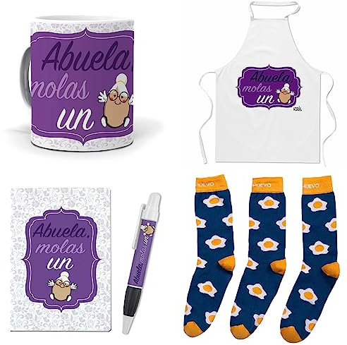 Que Regalar para Abuelas. Abuela molas un Huevo. Taza,Delantal, libreta, boli y Trio de Calcetines