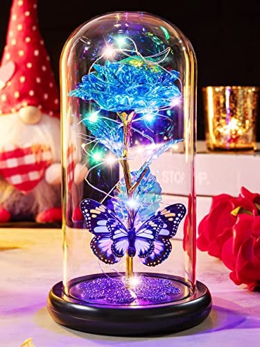 Regalo di compleanno per donne e mamme, rosa in vetro Galaxy Forever Eternal Crystal Flower Light Up Rose in cupola di vetro con farfalla festa della mamma rosa di Natale regali per moglie, figlia