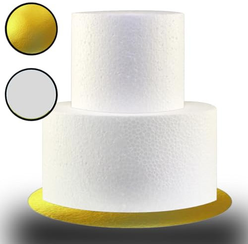 My Whitepearl Styropor Torte 2 Etagen Qualität 12g/l rund höhe ges. 17cm besteht aus ⌀ 10,5 / 16cm mit doppelseitiges Klebeband und Goldenem Tortenbode Ideal für Cake Dummy/Geburstag/Feier