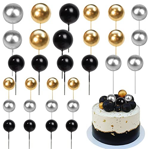 Xsstarmi 30 PCS Balls Cake Topper Foam Ball Cake Picks Faux Pearl Ball Shaped Cupcake Insert Cake Topper for Baby Shower Wedding Anniversary Kids Birthday Party Cake Decorations Black Gold Silver