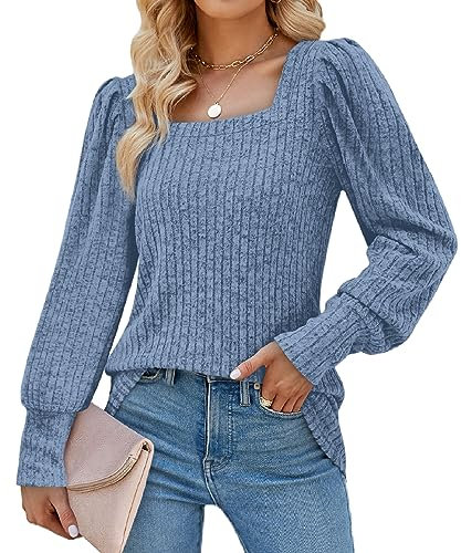 Aokosor Womens Long Sleeve Tops Ladies Square Neck Jumpers Puff Sleeves Sweatshirts Blue Size 10-12