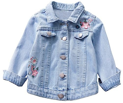 Toddler Girls Denim Jacket Floral Print Cute Jean Coat Long Sleeve Stand Up Collar Denim Outwear for Kids