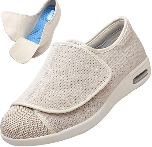 AEHO Chaussures pour Pied Gonflé, Chaussures Diabétiques Femme Oedeme Pantoufle Été Reglable Chaussure Orthopedique Homme Sandales Homme Personne Âgée,Beige,38 EU